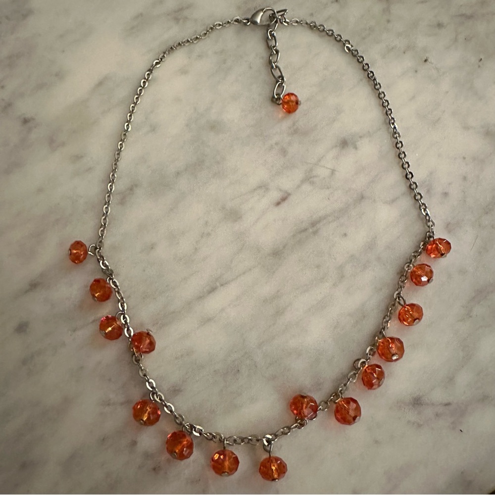 Orange Beaded Silver Chain Necklace - Brand Unspecified